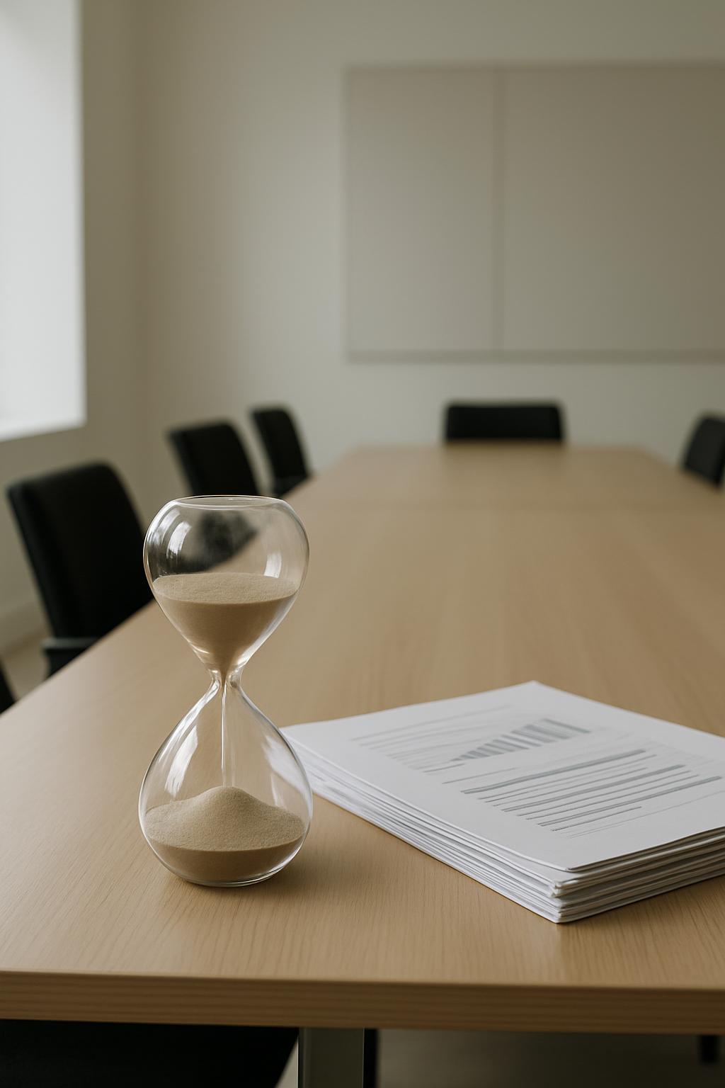 An hourglass timer placed on a table next to papers, all in the middle of an empty conference room, awaiting a team meeting.