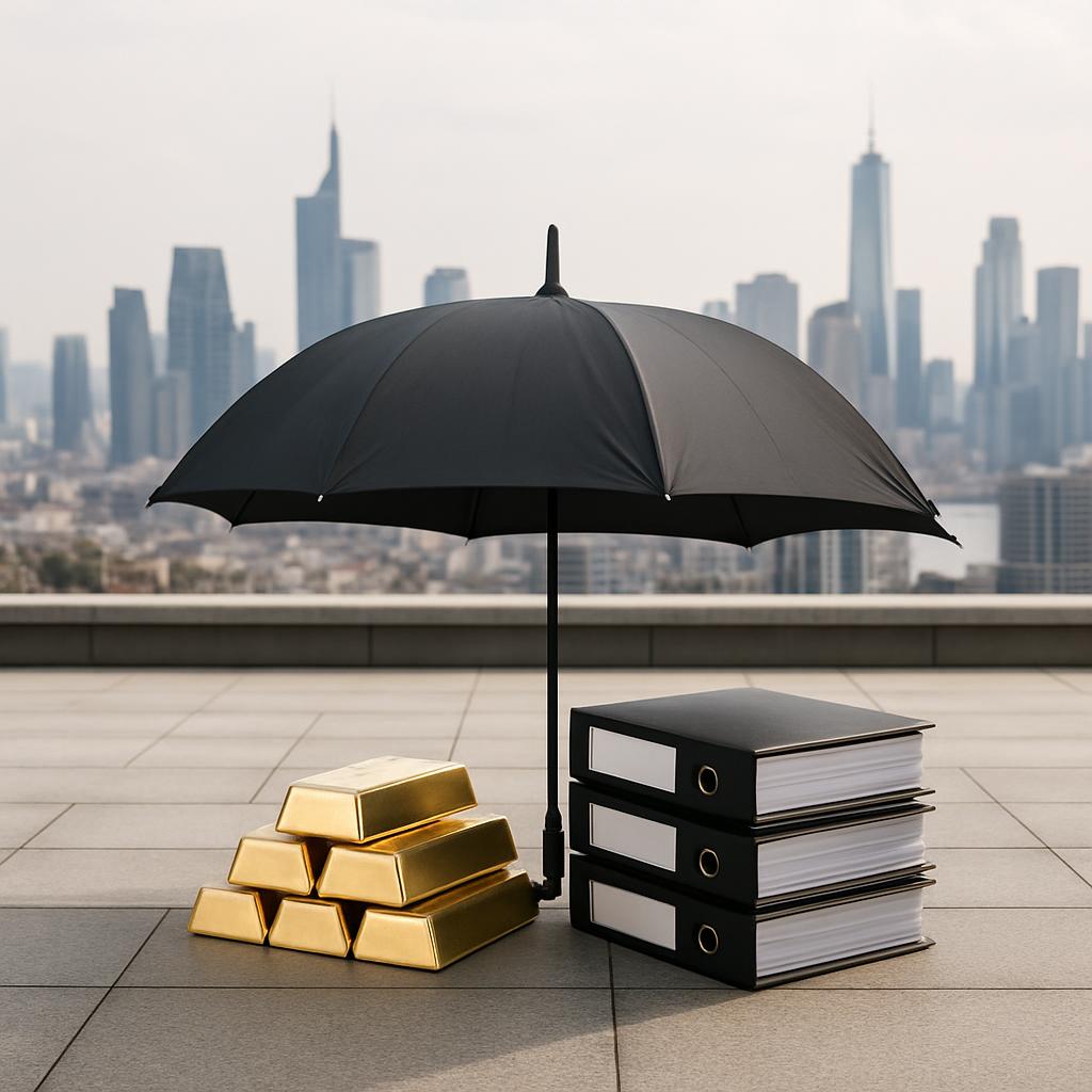 A black umbrella casts a shadow over three black binders and a stack of gold bars situated against a backdrop of a blurred...